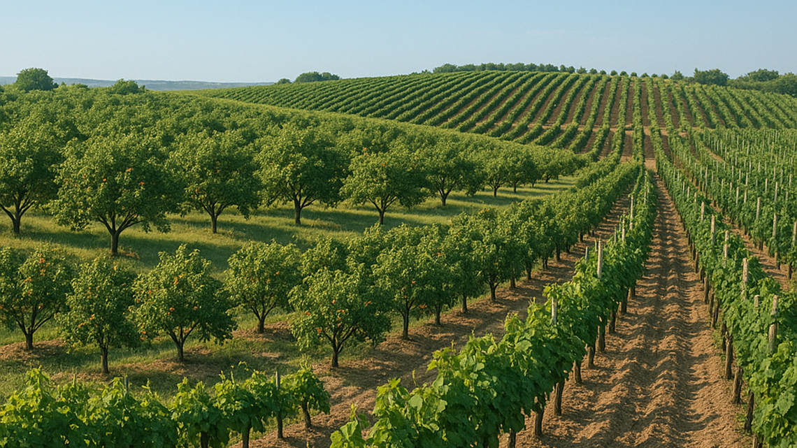 Plantation orchards and vineyards on Biserno Ostrvo in Novi Bečej with irrigation and harvest in progress