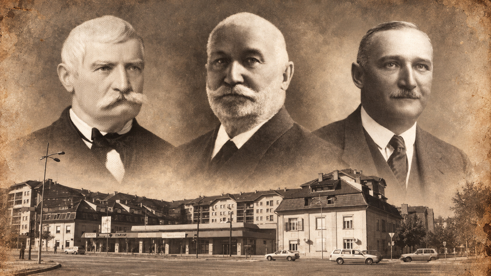 Istorijski kolaž sa tri portreta i fotografijom gradskih zgrada, uz članak o Kamendinu i porodici Dunđerski.